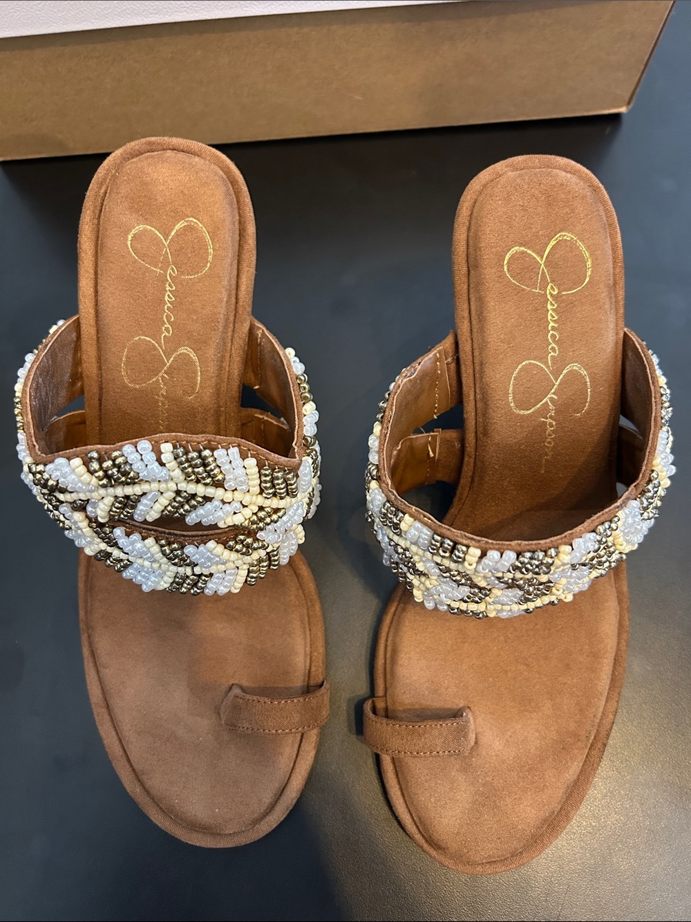 Jessica Simpson Brown Braided Beaded Toe-Loop Sandals - Picture 4 of 5